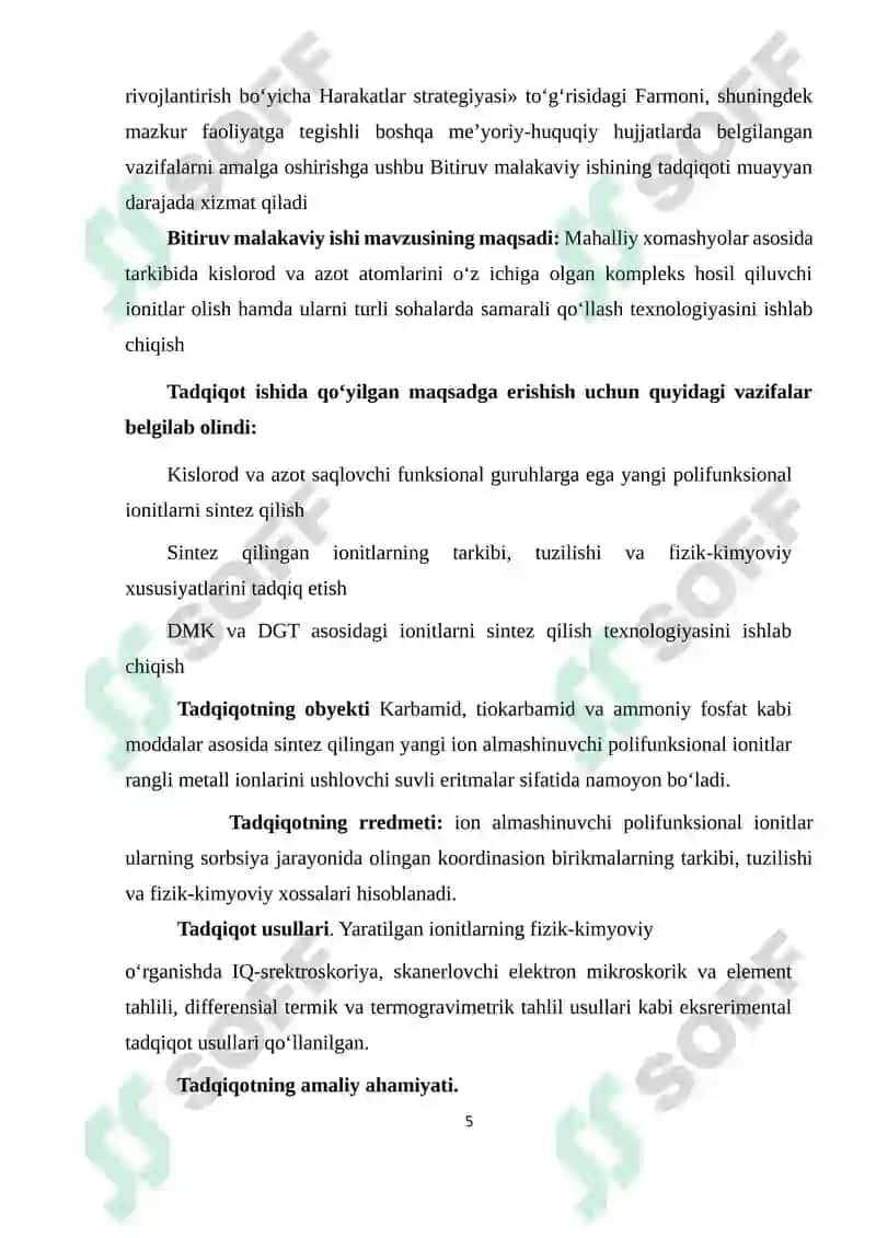Tarkibida kislarod va azot bo`lgan ionitlar sintizi va ularning tahlili 5
