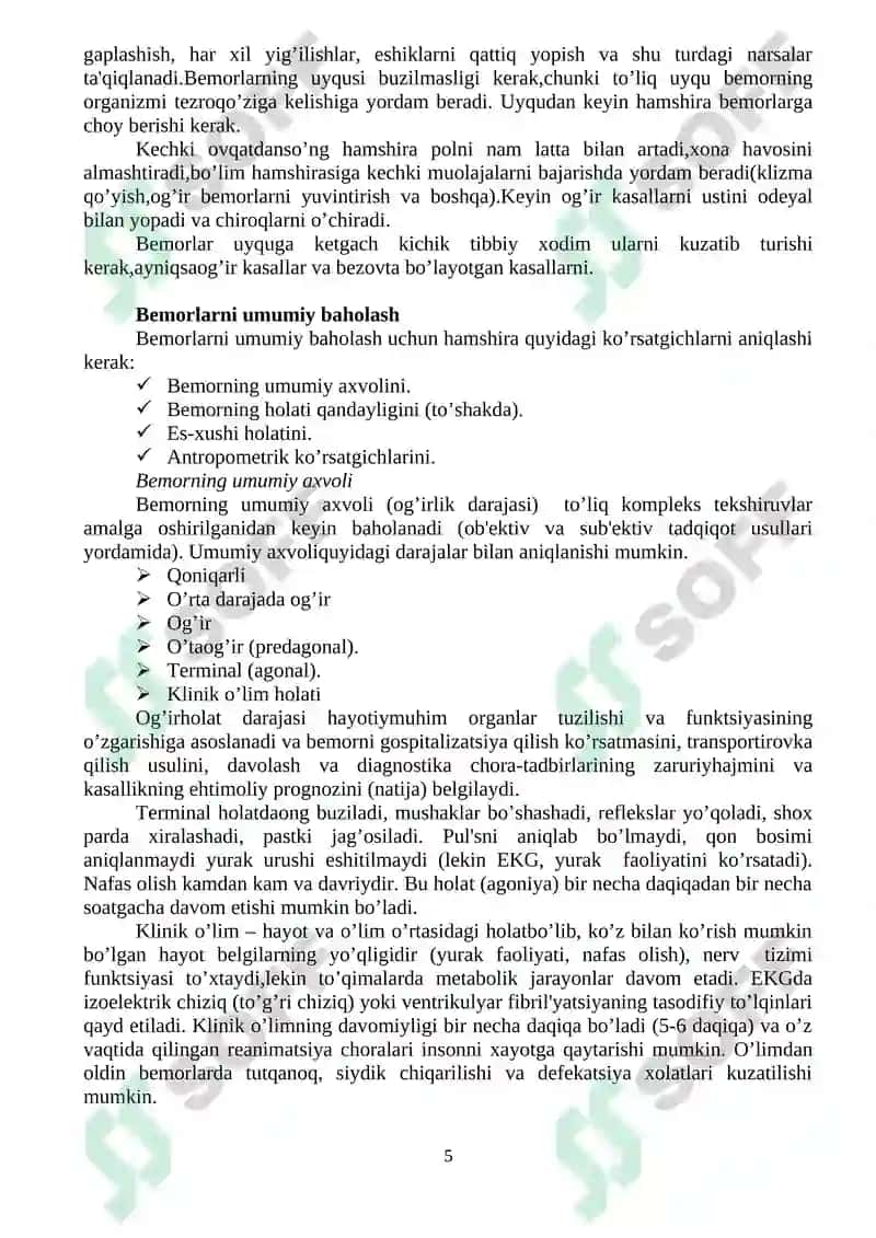 SHIFOXONANING TERAPEVTIK (DAVOLASH) BO’LIMI 5