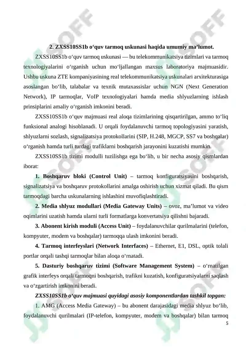 ZXSS10SS1b o'quv tarmoq uskunalari,media shlyuzlari turlarini o'rganish, AMG, TMG, UMG, DSLAM mediashlyuzlarining xarakteristikalari. 5