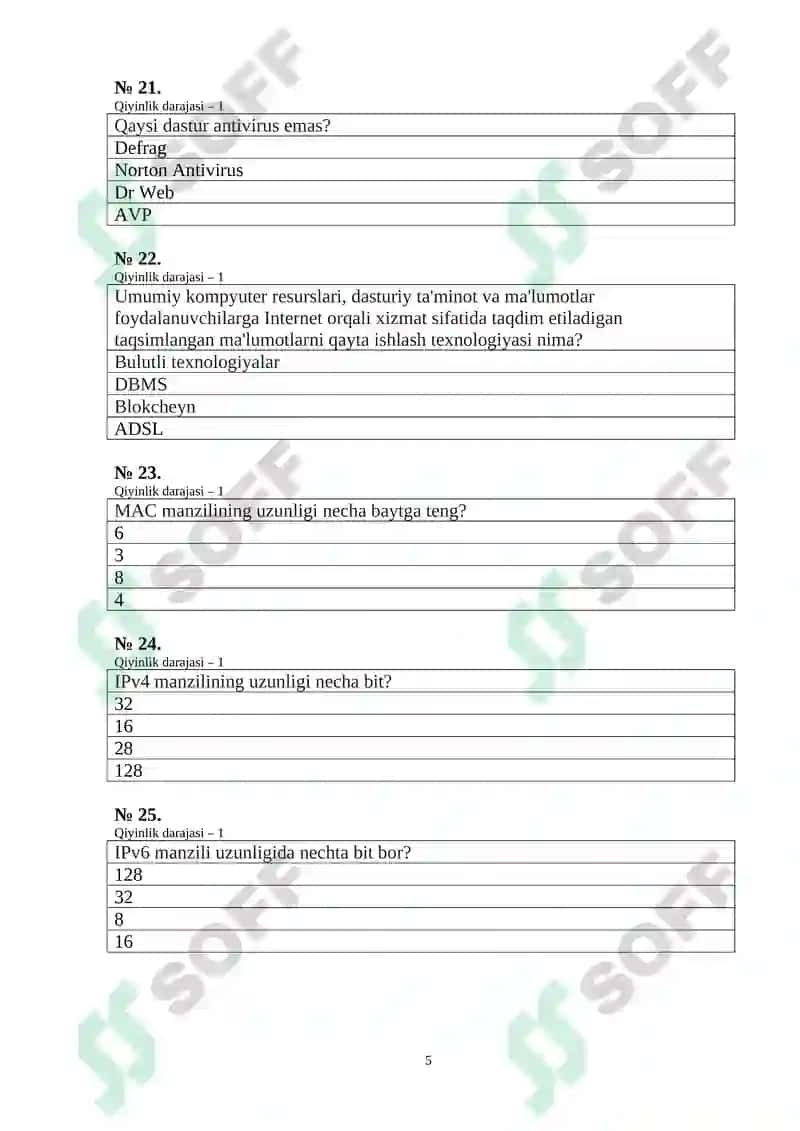 "Tarmoq xavfsizligi" fanidan testlar 5