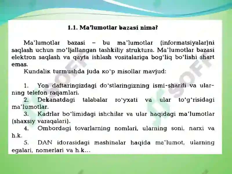 Ma’lumotlar bazasining maqsadi, vazifalari va asosiy tushunchalari 5