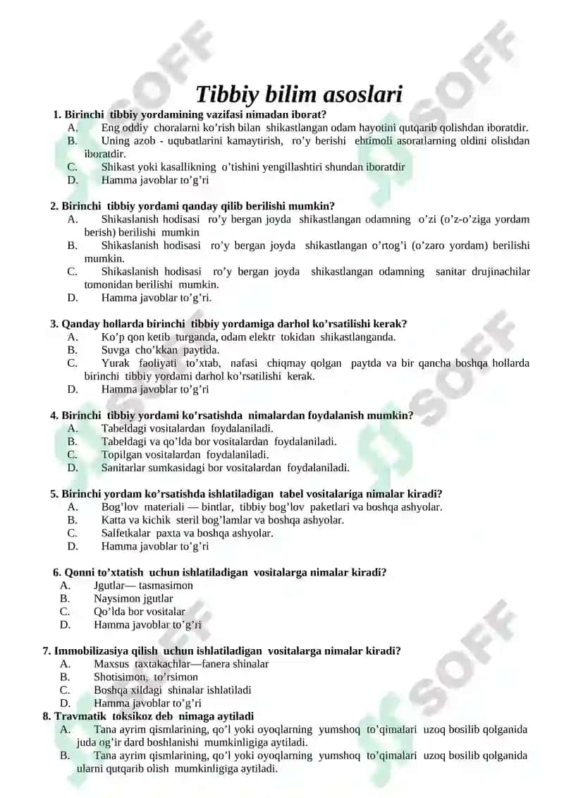 Chaqiruvga qadar boshlang’ich tayyorlik fanidan TEST SAVOLLARI 5
