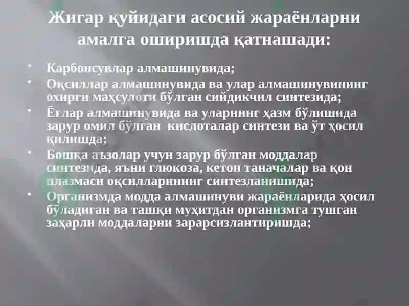 Жигар организмга қатнашган асосий жараёнлар 5