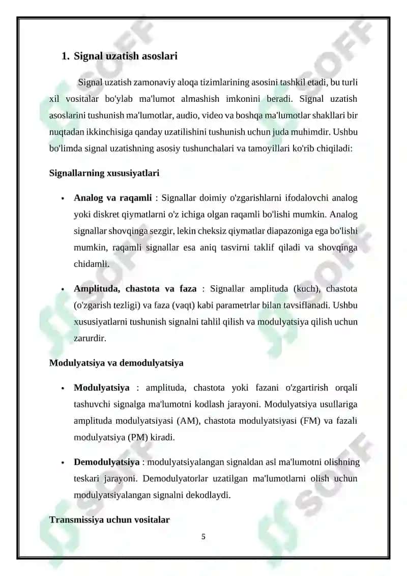 AUDIO SIGNALLARNI UZATISH. FAKS SIGNALI. TELEVIDENIE SIGNALLARINI UZATISH. TELEFON SIGNALI. 5
