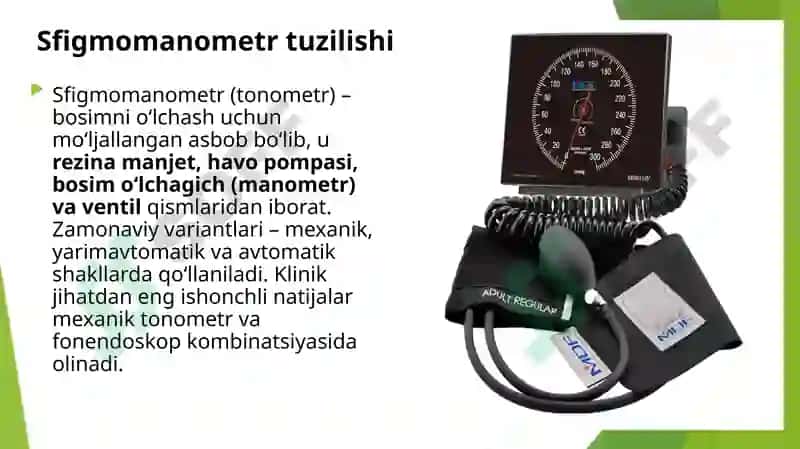 Sfigmomanometr va fonendoskop yordamida qon bosimini oʻlchash, aniqlash. Yurak biomexanikasi 5