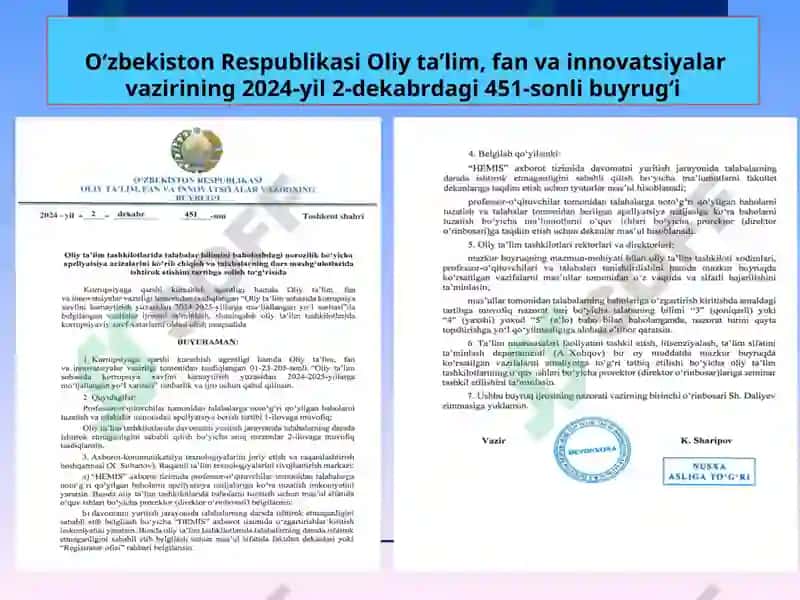 Oliy ta’lim, fan va innovatsiyalar vazirligining2024-yil4-noyabrdagi 412-sonli buyrug’i 5