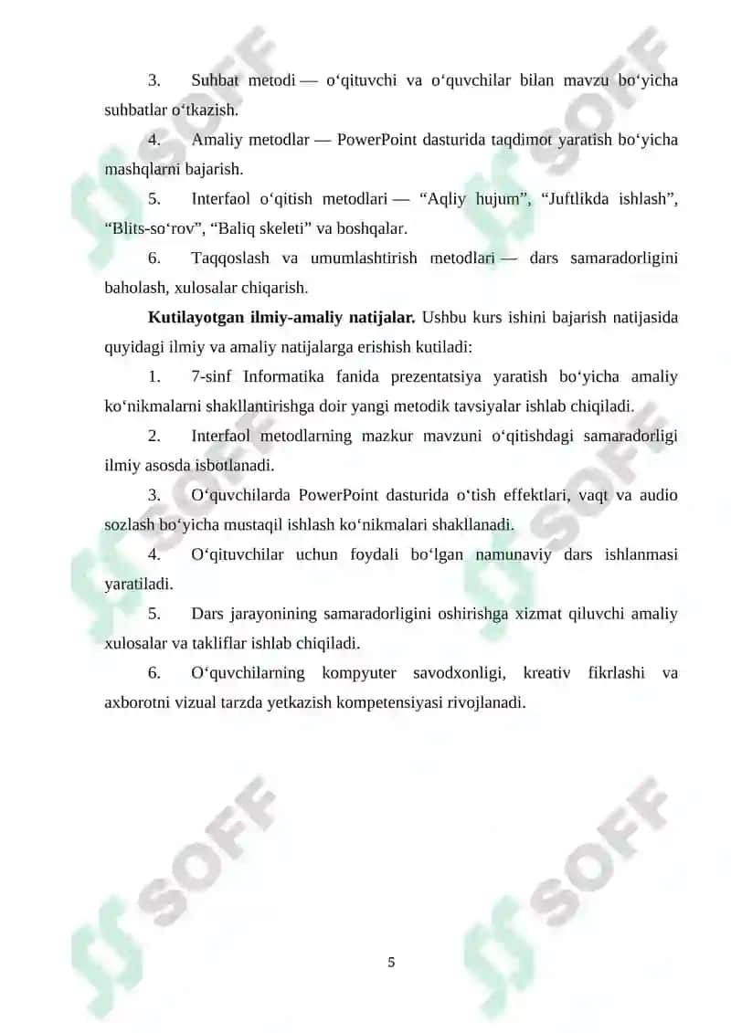 Umumiy orta talim maktablarining 7-sinfida Informatika va AT fanidan “Slaydga o‘tish effektlarini qo‘shish. Slaydlarga vaqt va audio qo‘shish” mavzusini o‘qitishda interfaol metodlardan foydalanish 5