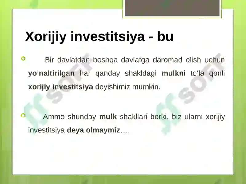 Xorijiy investitsiyalar va ularning O'zbekistonda jalb qilinishi 5