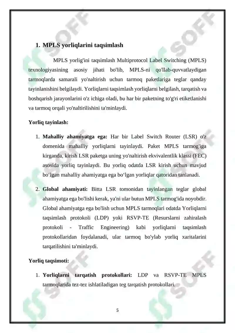 MPLS TEGLAR USTIDAN KO‘P PROTOKOLLI KOMMUTATSIYA 5