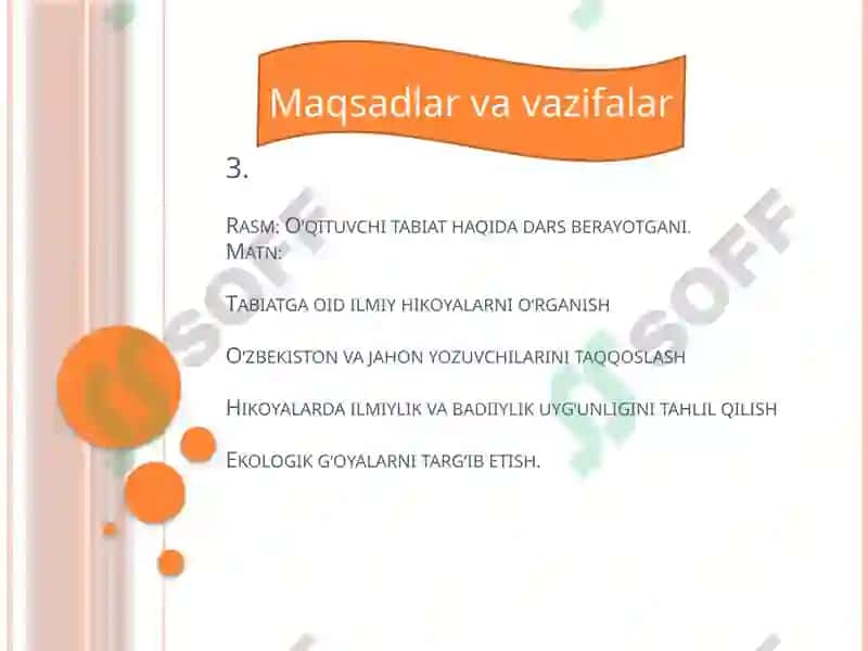 Tabiatga oid O'zbekiston va jaxon yozuvchilarning ilmiy hikoyalarni to'plash o'rganish va tahlil qil 5