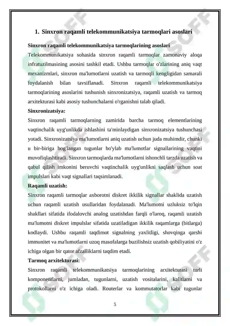 Sinxron raqamli telekommunikatsiya tarmoqlarida qoʻllaniladigan tizimlar tahlili 5