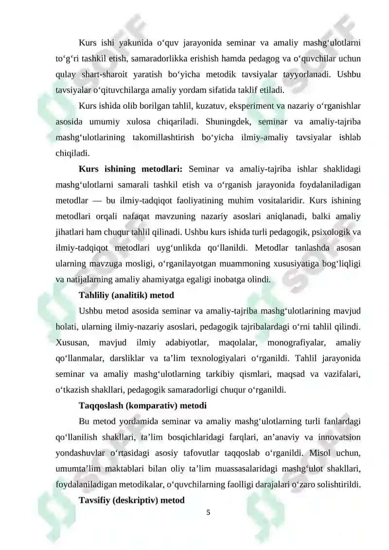 Seminar va amaliy- tajriba  ishlar shaklidagi mashgʻulotlar 5