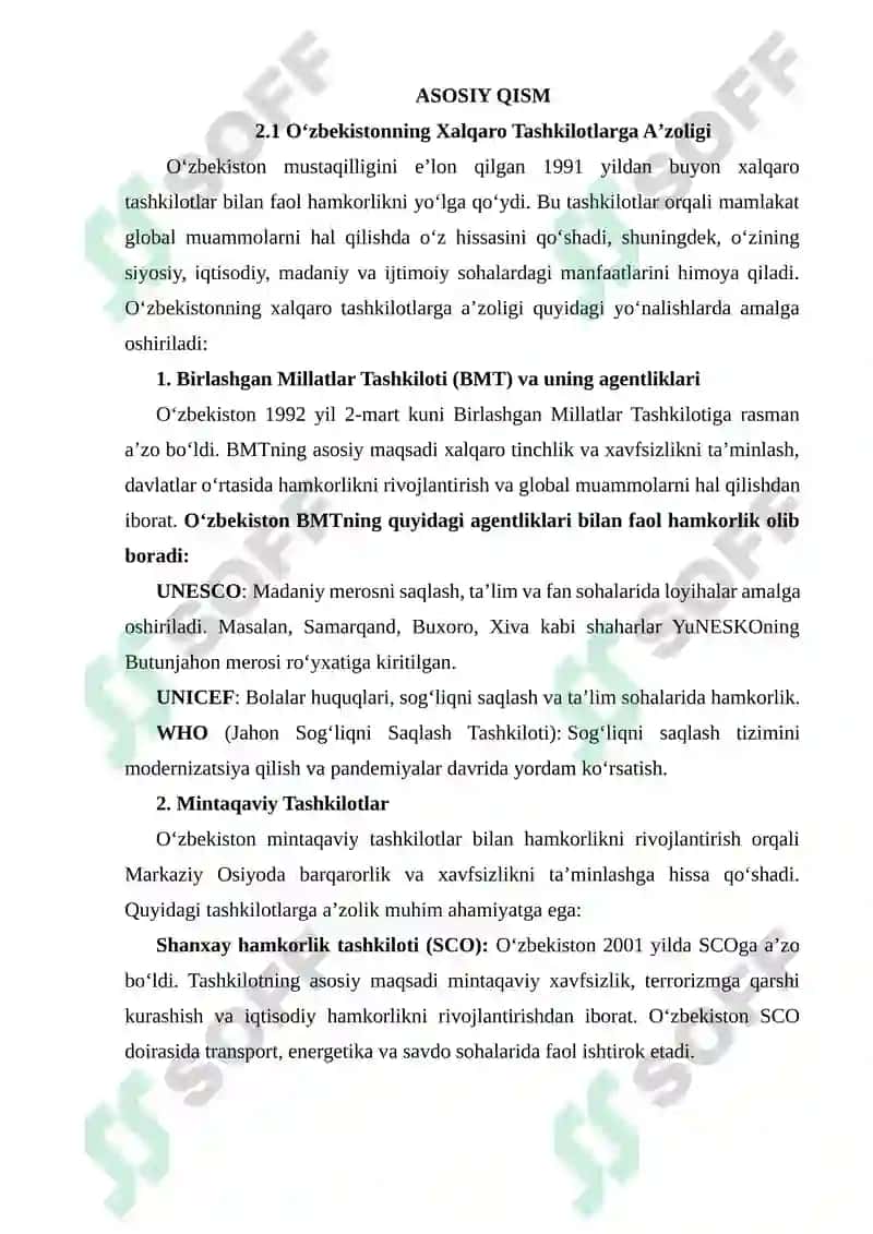 O'ZBEKISTONNING XALQARO TASHKILOTLAR BILAN ALOQALARI 5