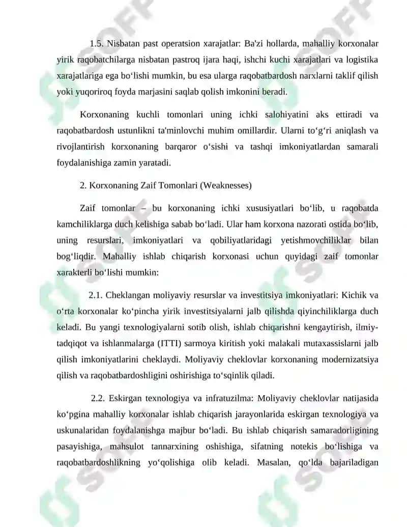 Mahalliy korxona boyicha swot tahlil tayyorlash, muammoni aniqlash va yechimlarni liyiha shaklida ishlab chiqish 5