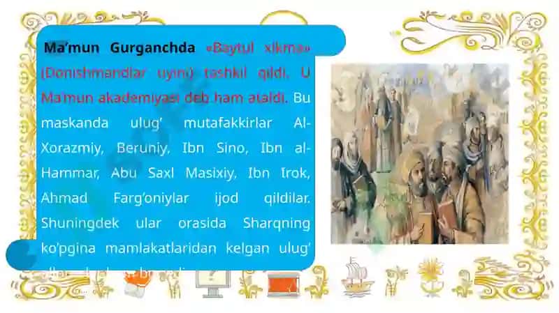 IX-Xii ASRLARDA MAMLAKATIMIZ HUDUDIDA RO`Y BERGAN MADANIY UYG`ONISH (Renesans). Buyuk allomalarimizning jahon sivilizatsiyasiga qo`shgan hissasi 5
