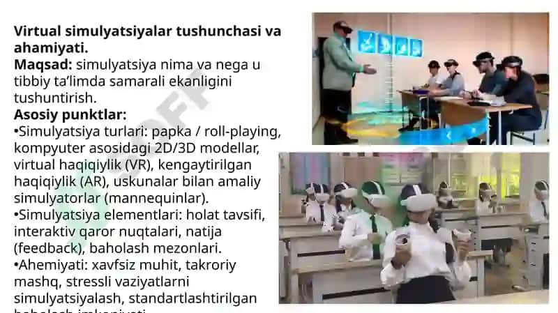 Sun’iy intellekt yordamida ta’lim maqsadlarida talabalarnivirtual o‘qitishda simulyatsiyalar yaratish orqali diagnostikko‘nikmalarni o‘rgatish va klinik qarorlar qabul qilishi. 5