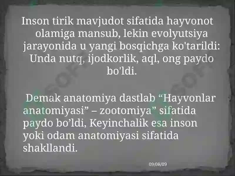Kirish. Odam anatomiyasi fanining predmeti, maqsadi, vazifalari, o‘rganish usullari, biologiya fanlari  sistemasida tutgan o‘rni. Anatomiya fanining rivojlanish tarixi. Anatomiya tarmoqlari haqida tushuncha. 5