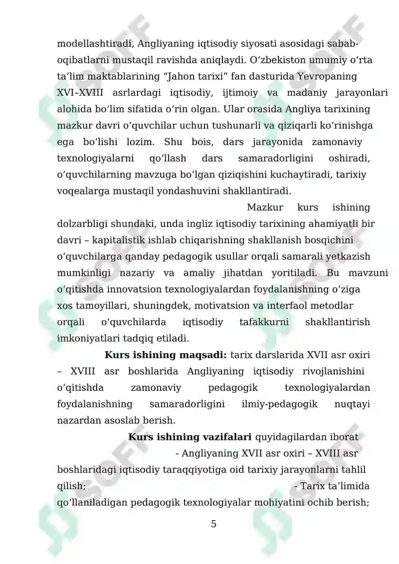 XVII asr oxiri XVIII asr boshlarida Angliyaning iqtisodiy rivojlanish mavzusini oʻqitishda pedagogik texnologiyalarni o’rni 5