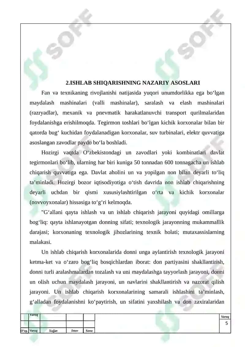 Tegirmonning quvvati 200t/kun bo‘lgan bir navli (oliy nav) 75% li un ishlab chiqarish tehnologiyasi.” 5