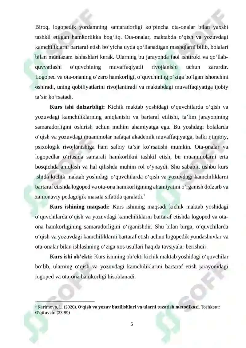 Kichik maktab yoshidagi oʻquvchilar oʻqish va yozuvdagi kamchiliklarni bartaraf etishda logoped hamda ota ona hamkorligini yoʻlga qoʻyish masalalari 5