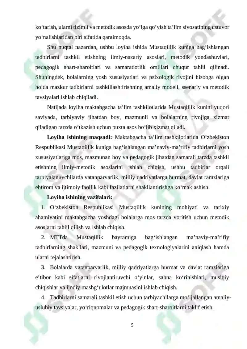 Maktabgacha ta'lim tashkilotlarida "O'zbekiston Respublikasining Mustaqillik kuni" munosabati bilan ma'naviy-ma'rifiy tadbirlarni tashkil etish loyixasi 5