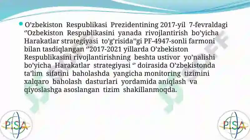 PISA DASTURI BO`YICHA O`QISH SAVOTXONLIGINI BAHOLASH 5