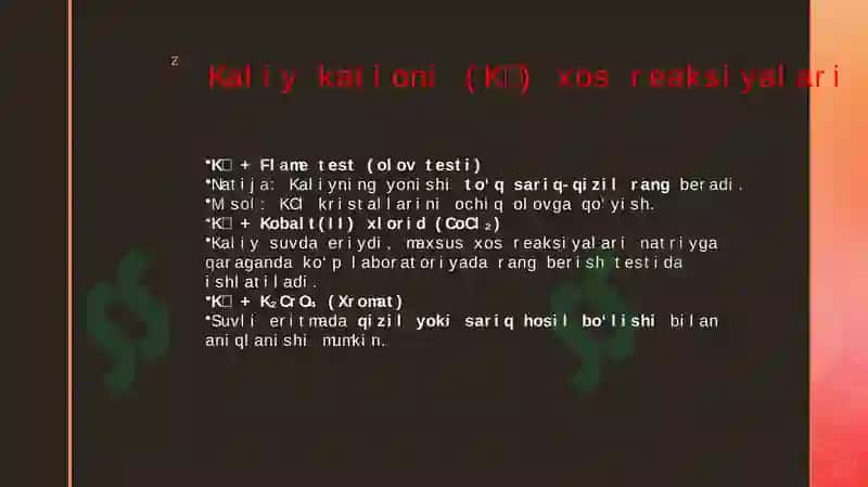 BIRINCHI GURUH KATIONLAR (K+NA+). KALIY VA NATRIY KATIONLARIGA XOS REAKSIYALAR 5