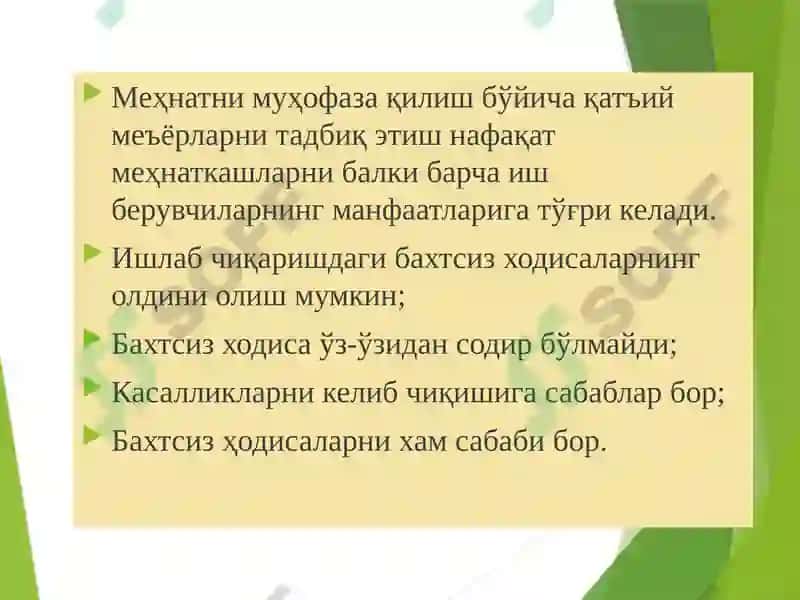 Ишлаб чиқаришда содир бўладиган бахтсиз ходисалар ва касб касалликлари 5