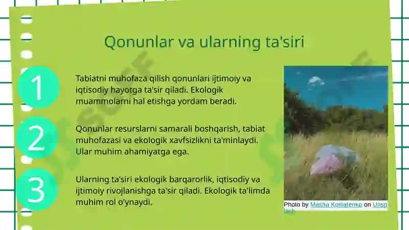 O'zbekiston Respublikasi tabiatni asrashga doir qonunlarni o'rganish va tahlil qilish. 5
