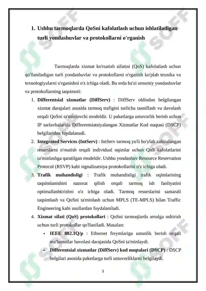 KAFOLATLANGAN XIZMAT MODELI. MULTIMEDIA ALOQA TARMOQLARIDA XIZMAT KO‘RSATISH SIFATI 5