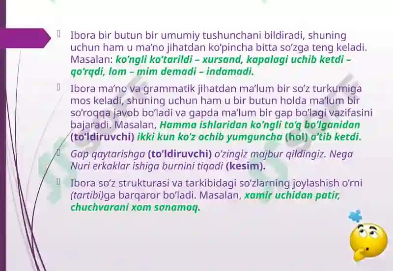 Frazeologiya  haqida  ma’lumot.  Frazeologizm  til  va  nutq  birligi sifatida.  Frazeologik  iboralarning ma’no  xususiyatlariga ko‘ra asosiy  belgilari  va turlari. 5