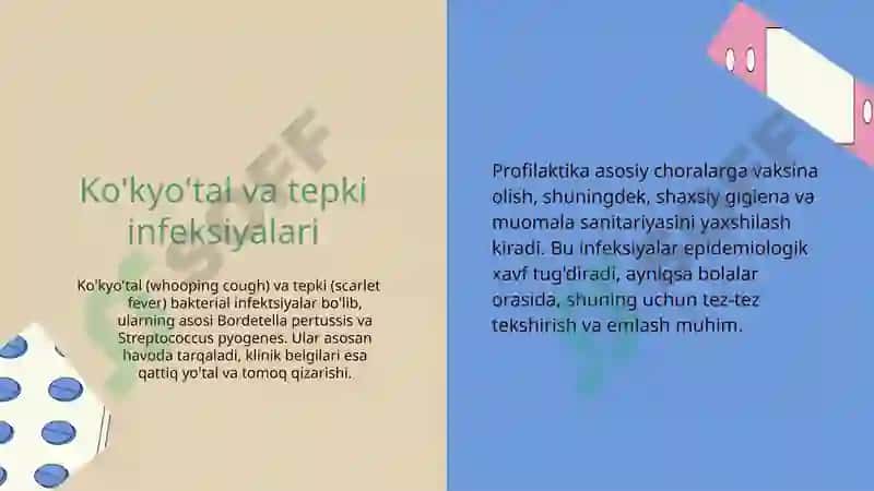 Nafas yo'li infeksiyalarining epidemiologiyasi, profilaktikasi va epidemiyaga qarshi chora-tadbirlarni tashkillashtirish: difteriya, qizamiq, ko'kyo'tal, tepki, skarlatina, meningokokk infektsiyasi, COVID-19, gripp va O'RVI 5