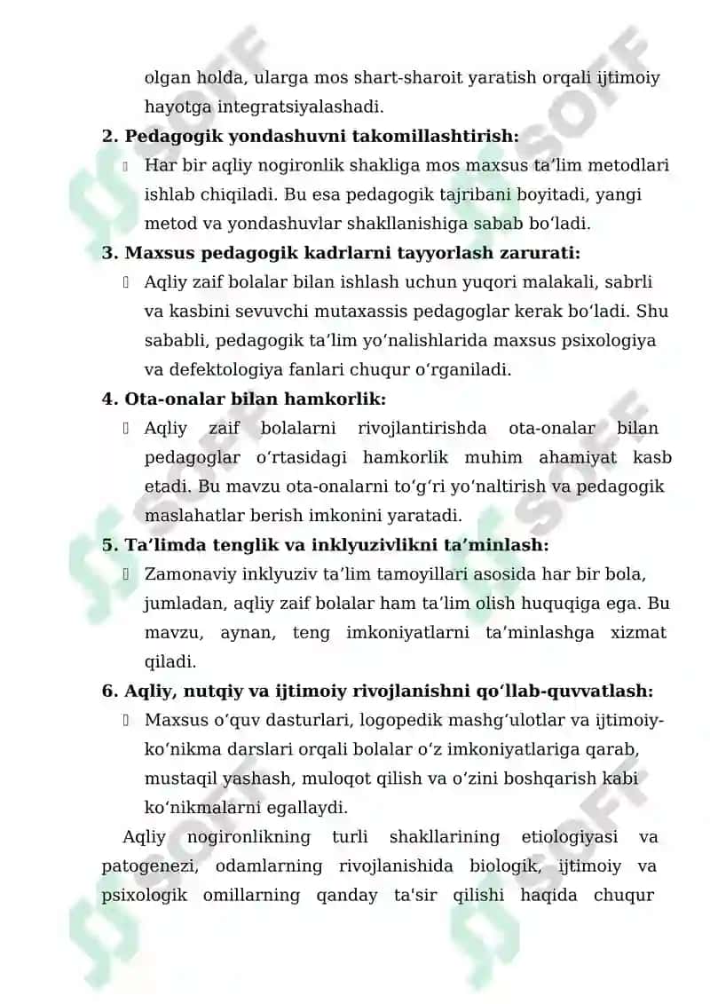 Aqliy  nogironlikning  turli  shakllari  etiologiyasi  va  patogenezi:  aqli zaiflikning  xronologik  yoshi,  zaiflik  darajasi,  aqliy,  nutq  va  ijtimoiy  faoliyat darajasi bo‘yicha rivojlanish xususiyatlari 5