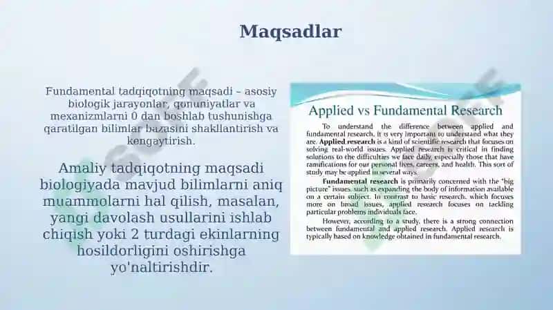 Fundamental va amaliy tadqiqotlarning biologiyadagi farqlari 5