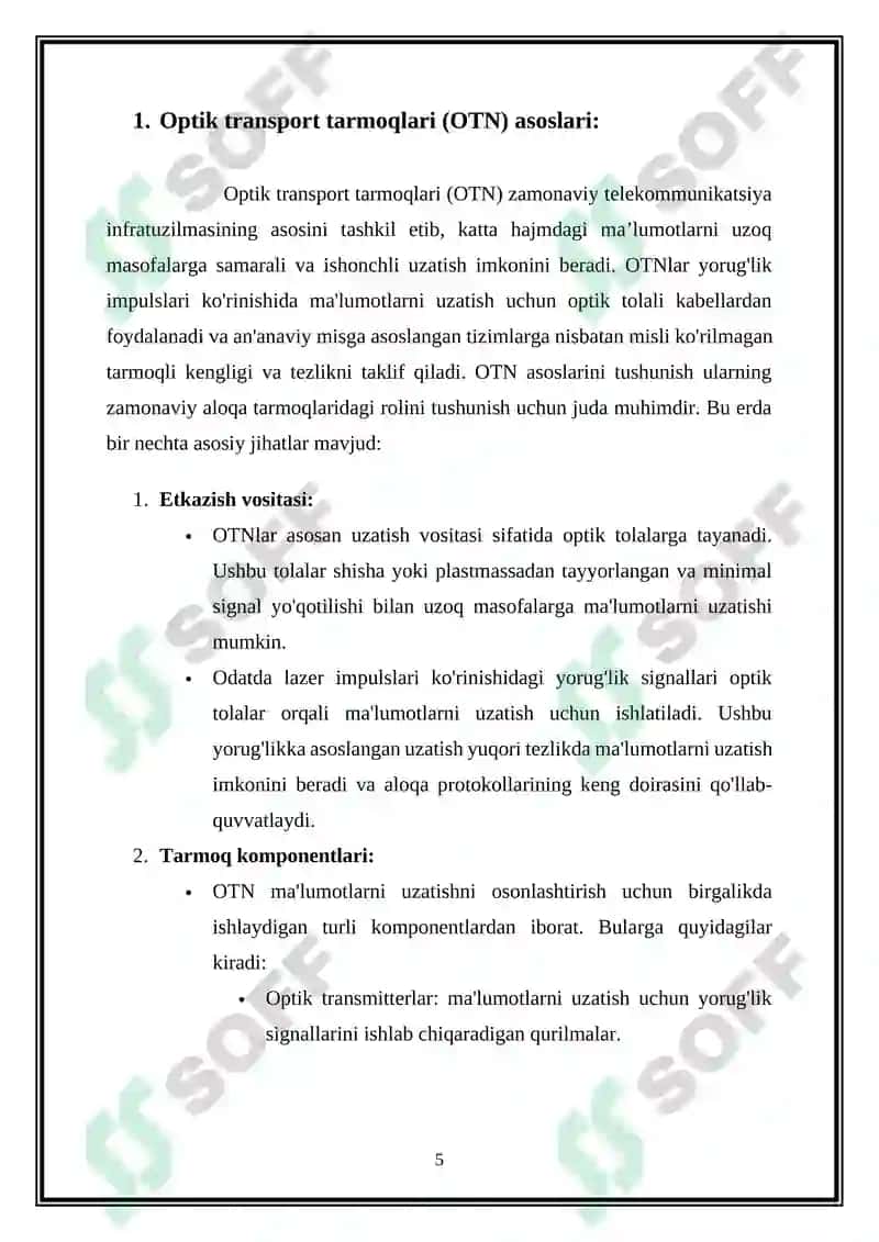 Optik aloqa tizimlarida Optik transport tarmogʻida liniya interfeys turlari va ularning qoʻllanilish afzalliklari 5