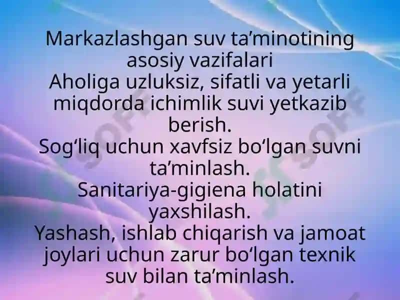 Markazlashgan suv ta’minoti haqida tushuncha va ularning gigienik ahamiyati 5