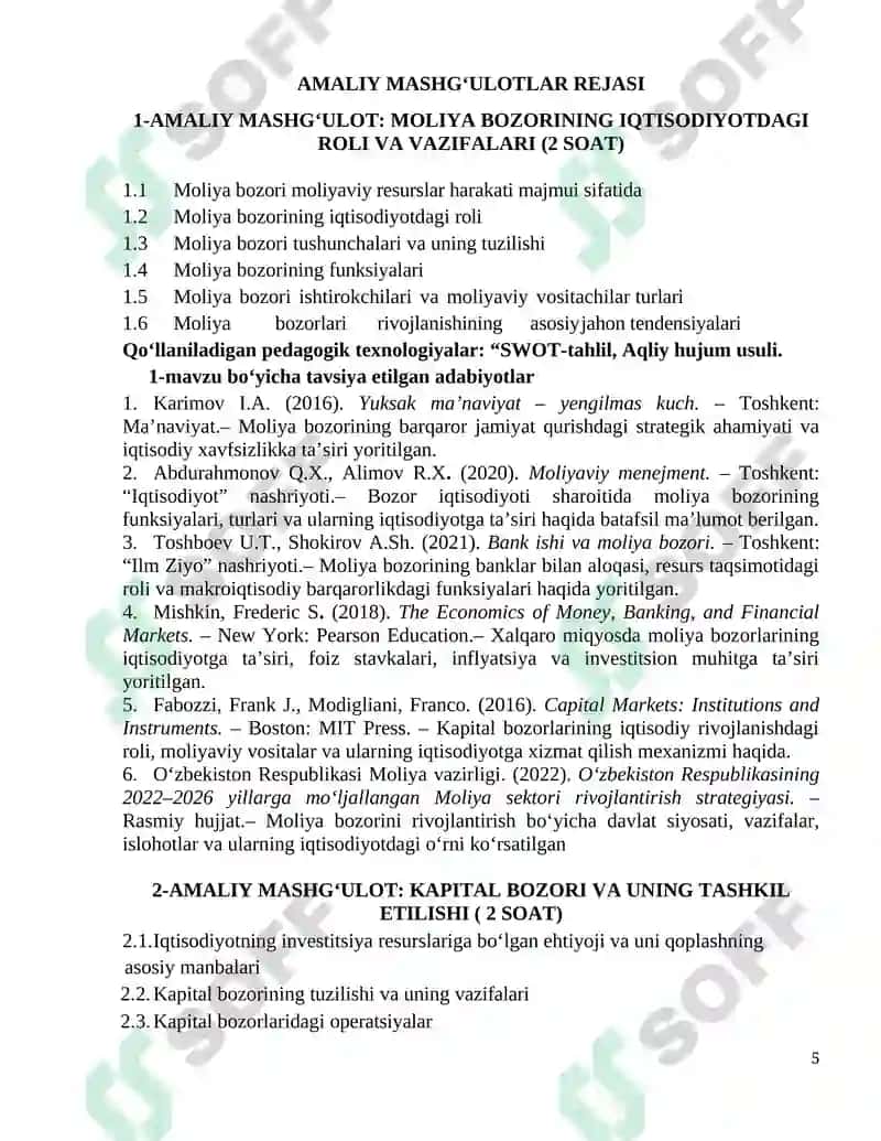 BANK VA MOLIYA BOZORLARI Amaliy Mashg'ulotlari 5