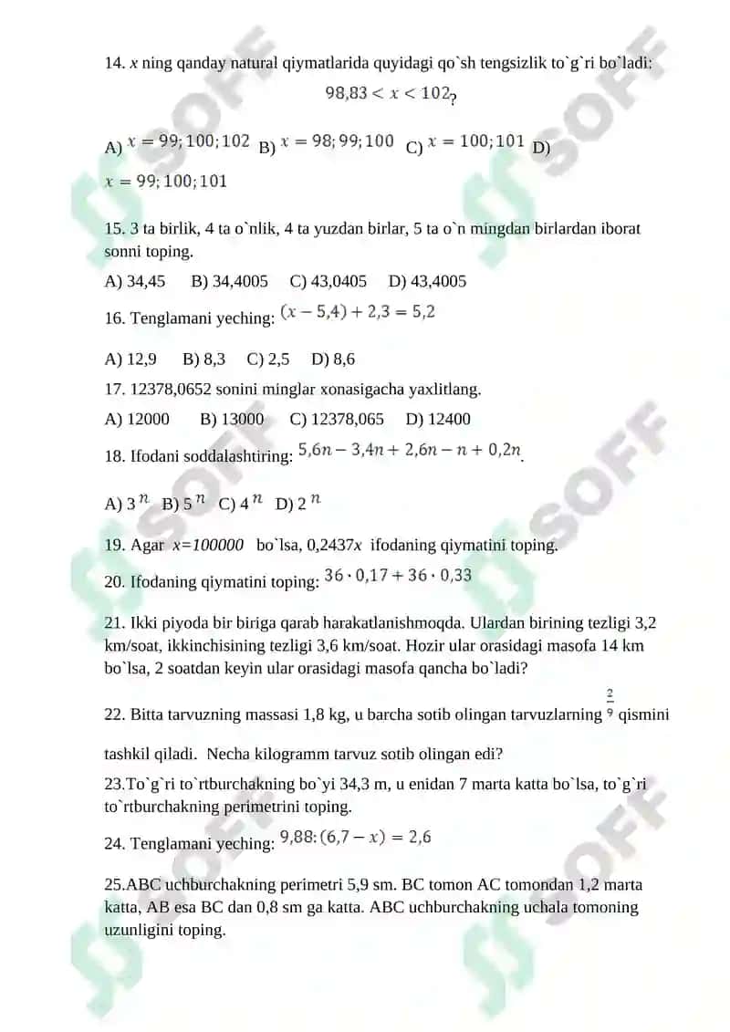 5-6-7-8-sinf MATEMATIKA TESTLAR to’plami 5