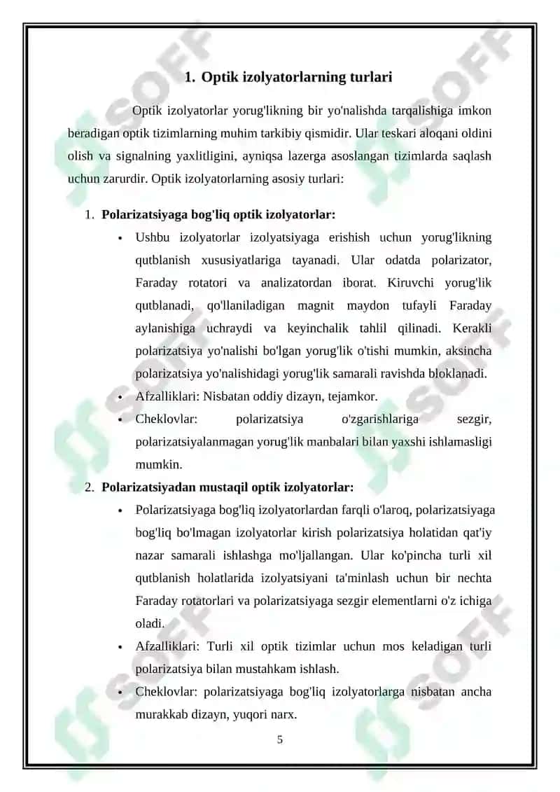 Optik izolyatorlar va attenyuatirlar haqida umumiy tushuncha 5
