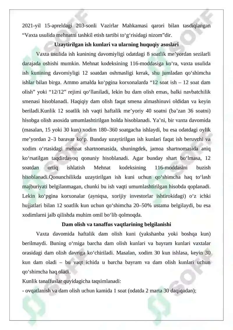 Vaxta usulida ishlashni mustaqil ravishda tartibga soluvchi alohida bob 5