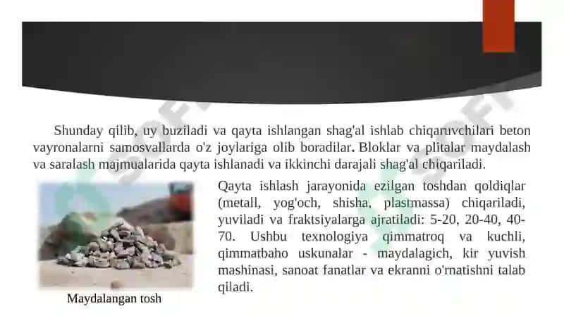 GOST 8269.0-97.“Qurilish ishlari uchun zich tog’ jinslari va sanoat chiqindilaridan maydalan gan tosh va shag‘al” 5
