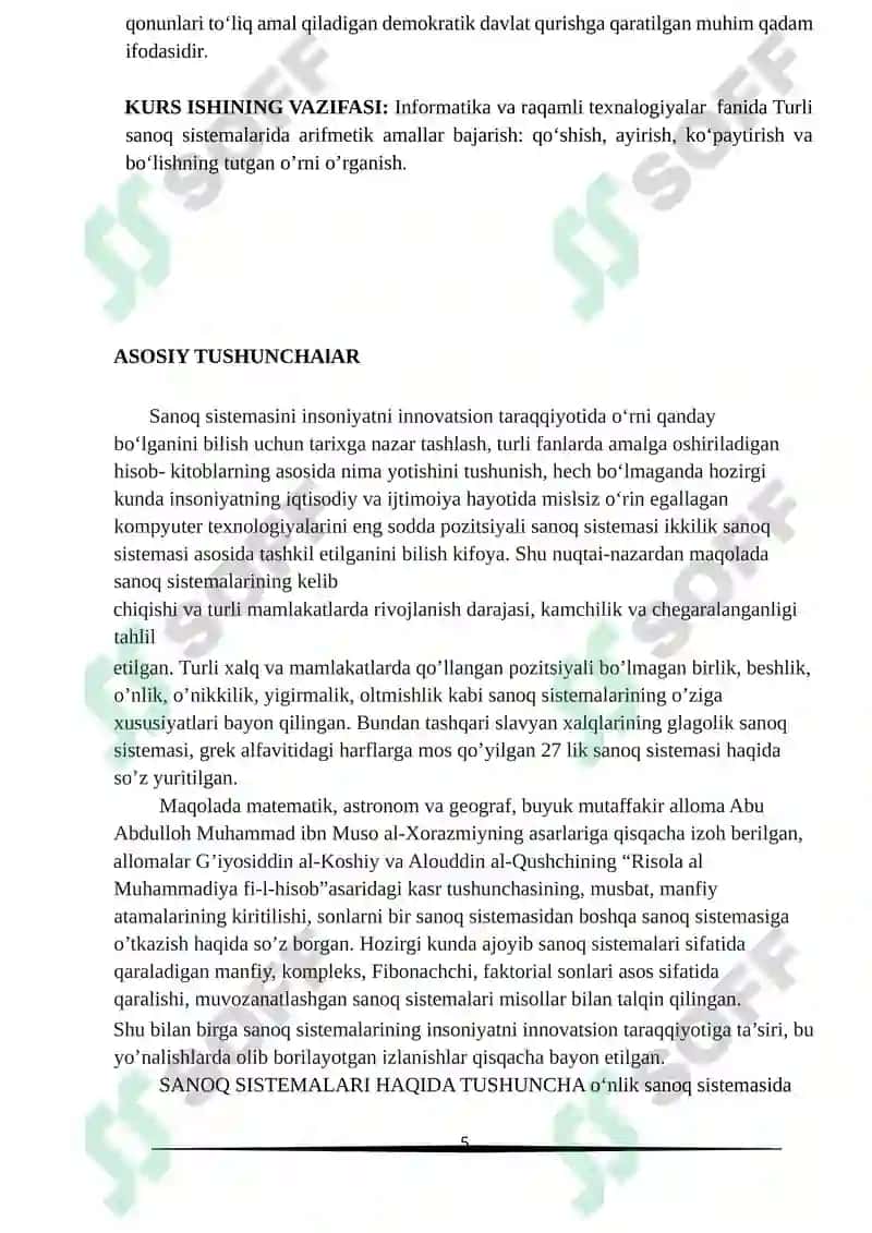 Turli sanoq sistemalarida arifmetik amallar bajarish: qo‘shish, ayirish, ko‘paytirish va bo‘lish. 5