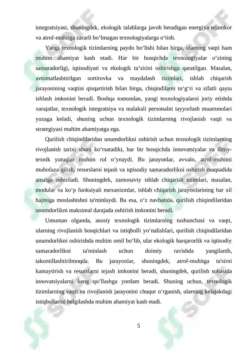 Qurilish chiqindilaridan unumdorligi 250 ming m3 bo‘lgan yirik va mayda to‘ldiruvchilar ishlab chiqarish sexining texnologik tizimlari 5