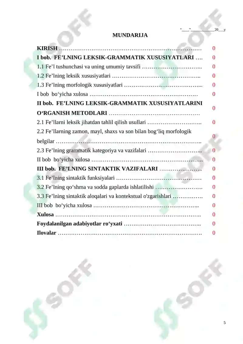 "Feʼlning leksik-grammatik xususiyatlari ( leksik, morfologik belgilari, sintaktik vazifalari)" mavzusidagi BITIRUV ISHI 5