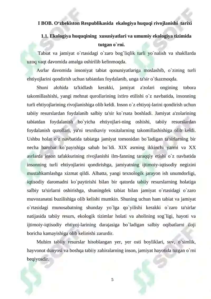 O‘zbekiston Respublikasida ekologiya huquqi rivojlanishing aholi ekologik ongiga ta’siri (BITIRUV  MALAKAVIY ISHI) 5