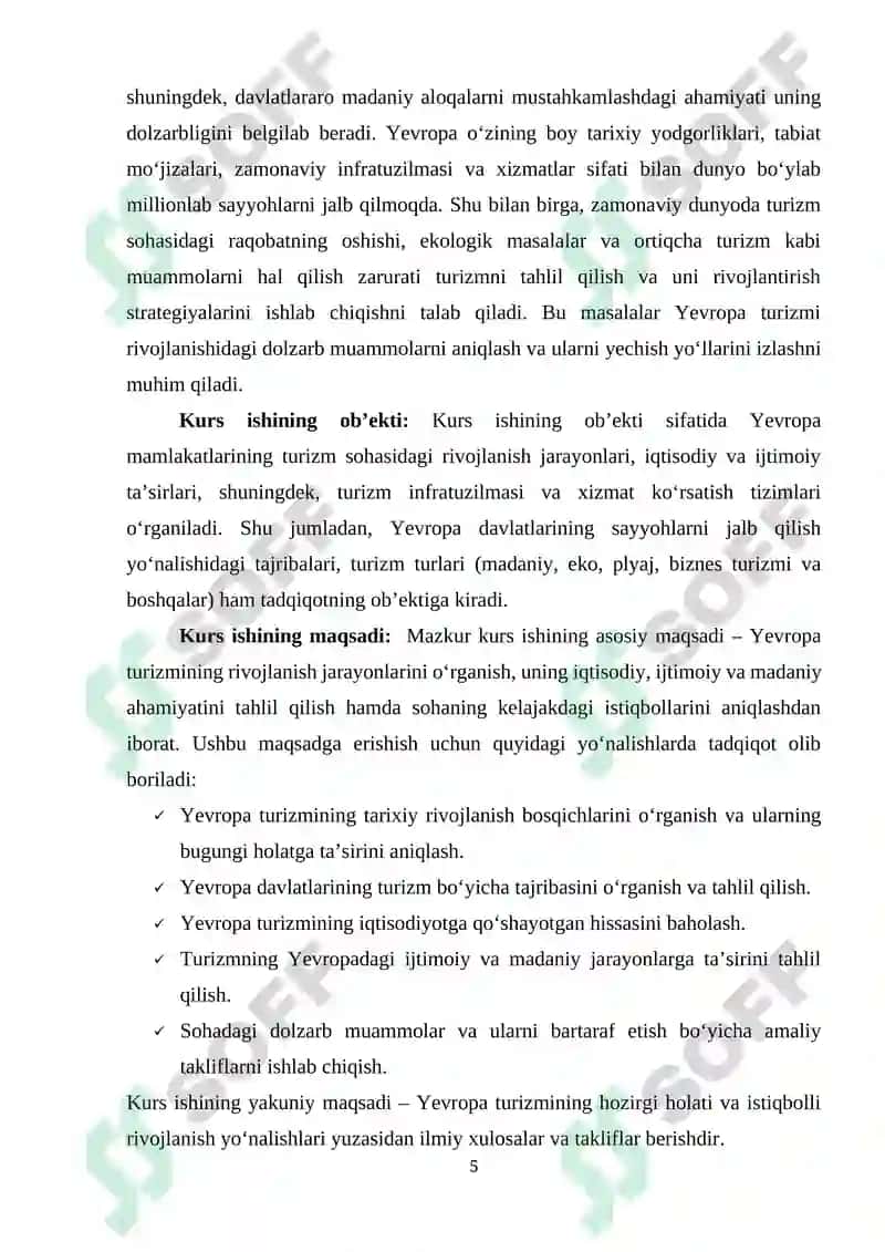 "YEVROPA TURIZMNING RIVOJLANISHI" mavzusida tayyorlangan KURS ISHI 5