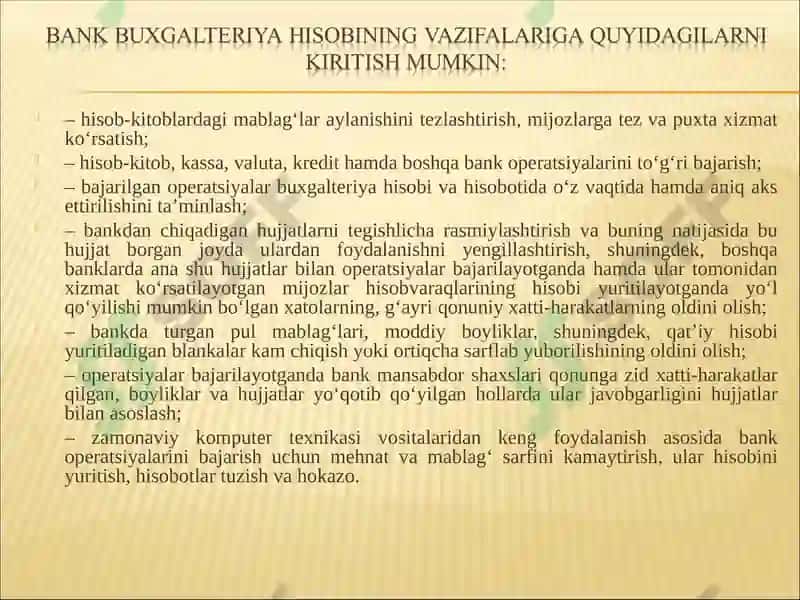 BANKLARDA BUXGALTERIYA HISOBINI TASHKIL QILINISHI 5