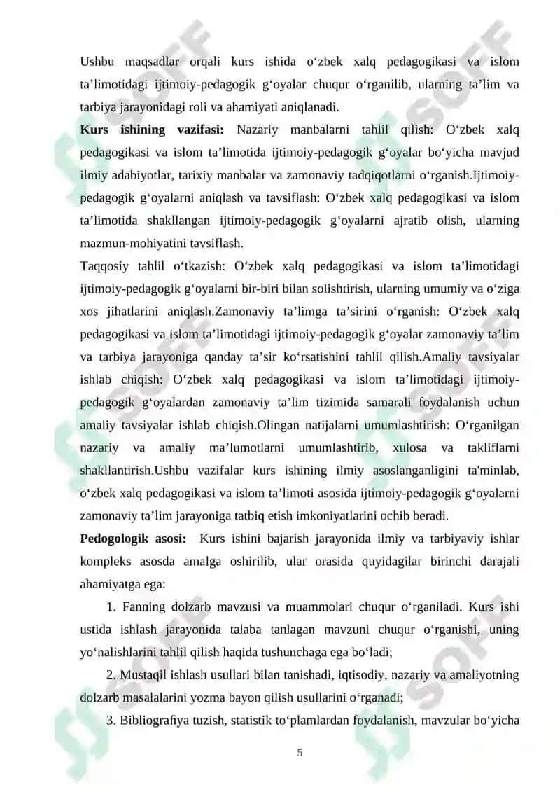 “O‘ZBEK XALQ PEDAGOGIKASI VA ISLOM TA’LIMOTIDA IJTIMOIY-PEDAGOGIK G‘OYALAR” KURS ISHI 5
