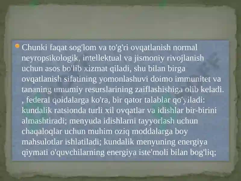 Bollalar ovqati uchu ishltiladigan oziq ovqat mahsulotlariga  umumiy talablar 5