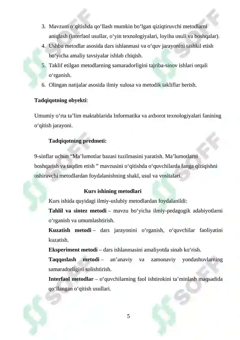 Umumiy o’rta ta’lim maktablarining 9-sinfida Informatika va AT fanidan “Ma’lumotlar bazasi tuzilmasini yaratish. Ma’lumotlarni boshqarish va taqdim etish” mavzusini o‘qitishda interfaol metodlardan foydalanish 5